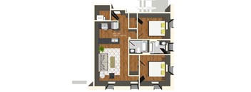 A floor plan of a two bedroom, two bathroom apartment.
