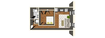 A floor plan of a unit with a bed, bath, and kitchenette.