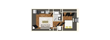 A floor plan of a unit with a bed, bath, and kitchenette.