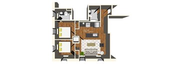 A floor plan of a unit with a living room, two bedrooms, a bathroom, and a kitchen.