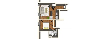 A floor plan of a unit with a bedroom, bathroom, and living room.