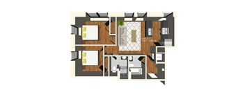 A floor plan of a unit with a kitchen, living room, and bathroom.