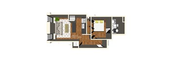 A floor plan of a small apartment with a bedroom, bathroom, and living room.