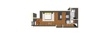 A floor plan of a studio apartment with a kitchen area and a bed.
