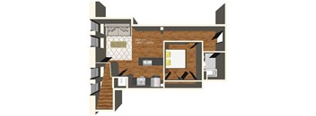 A drawing of a room with a bathroom and a kitchen area.