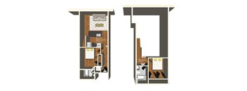 Two floor plans for a unit with a bathroom and a living room.