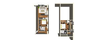 A floor plan of a two-story apartment with a living room, kitchen, and bathroom on the first floor, and a bedroom on the second floor.