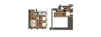 A floor plan of a house with two bedrooms and a living room.