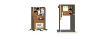 A drawing of a house with a living room and a kitchen.