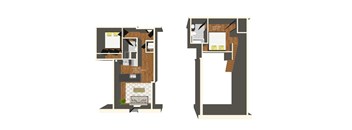 A floor plan of a two-story apartment with Unit 457 on the left and Unit 458 on the right.