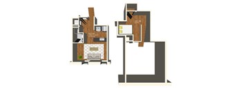 A floor plan of a house with two bedrooms and a living room.
