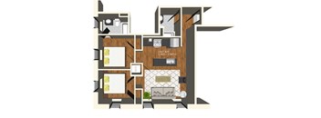 A floor plan of a room with a kitchen, dining area, and bathrooms.