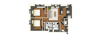 A floor plan of a unit with a living room, dining room, kitchen, and two bedrooms.