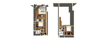 Two images of a floor plan for a small apartment.