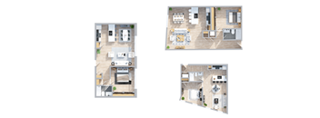 Four different layouts of a kitchen, living room, dining room, and bedroom.