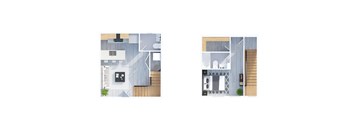 Two images of a house layout with a kitchen and living room.
