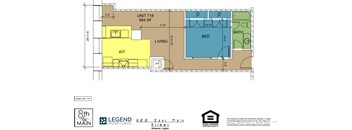 A floor plan for a 684 square foot apartment with a living room, kitchen, bedroom, and bathroom.