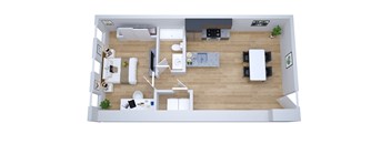 A top-down view of a modern living room with a kitchen area.
