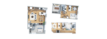 three dimensional floor plans of a house with different layouts
