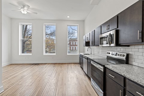 Photo of kitchen and living space facing Broad Street in Richmond, Virginia