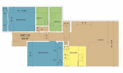 A floor plan of a living space with two bedrooms, a kitchen, and two bathrooms.