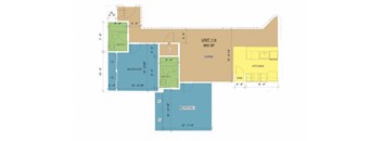 A floor plan of a unit with a living room, two bedrooms, a bathroom, and a kitchen.