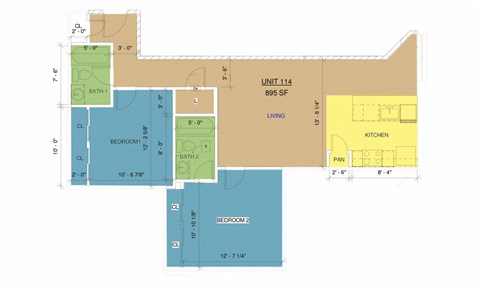 A floor plan of a unit with a living room, two bedrooms, a bathroom, and a kitchen.