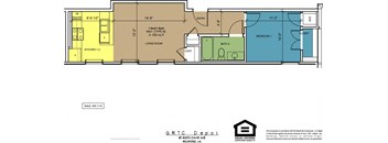 A floor plan for a home with a living room, kitchen, and two bedrooms.