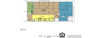 A floor plan of a house with a living room, kitchen, and two bedrooms.