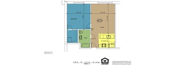 A floor plan for a home with a bedroom, bathroom, living room, and kitchen.