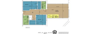 A floor plan for a living space with a kitchen and two bedrooms.