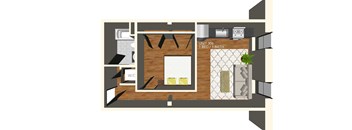 A floor plan of a small apartment with a bedroom, bathroom, and living room.