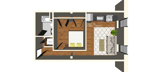 A floor plan of a small apartment with a bedroom, bathroom, and living room.