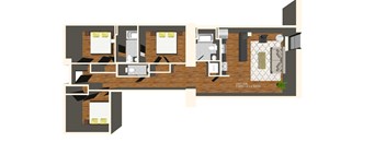 A floor plan of a house with a kitchen, living room, and two bedrooms.