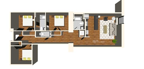 A floor plan of a house with a kitchen, living room, and two bedrooms.