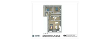 A floor plan of apartment 102 at 2219 Colonial Avenue shows a living room, two bedrooms, a bathroom, and a kitchen.
