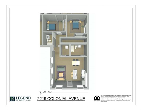 A floor plan of apartment 102 at 2219 Colonial Avenue shows a living room, two bedrooms, a bathroom, and a kitchen.