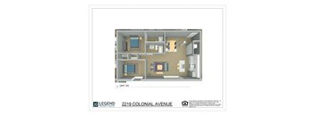 A floor plan of a property at 2219 Colonial Avenue shows two bedrooms, a living room, a kitchen, and a bathroom.