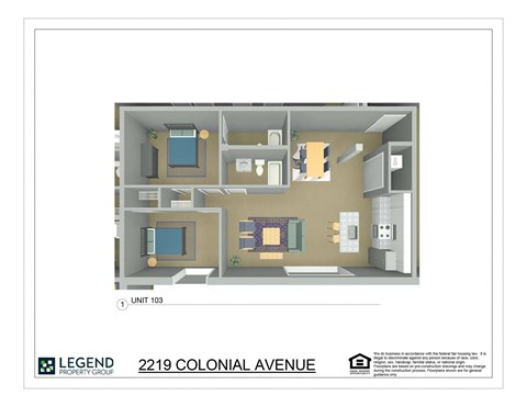 A floor plan of a property at 2219 Colonial Avenue shows two bedrooms, a living room, a kitchen, and a bathroom.