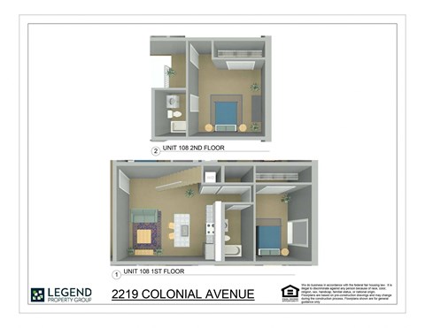 Two images of a 108 sq ft and a 108 sq ft floor plan for a 2219 Colonial Avenue unit.