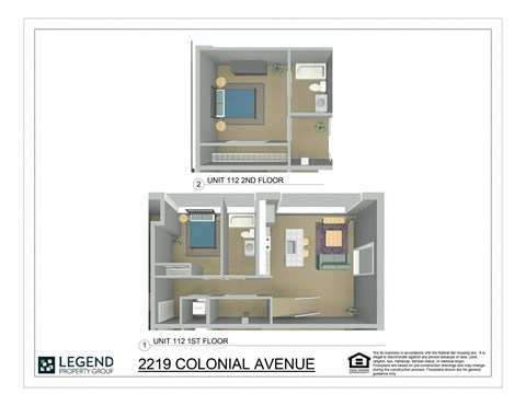 Two images of a 112 sq ft apartment, one showing the first floor and the other the second.
