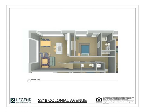 A floor plan of apartment unit 113 at 2219 Colonial Avenue.