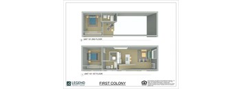 A floor plan for a property by Legend Property Group shows two different unit layouts.