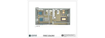 A floor plan of a unit with a bedroom, living room, and kitchen.