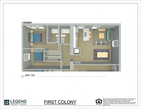 A floor plan of a unit with a bedroom, living room, and kitchen.