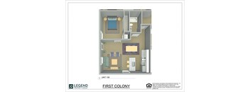 A floor plan of a small apartment with a bedroom, living room, and kitchen.