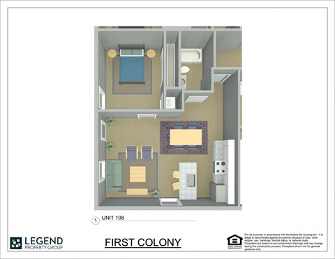 A floor plan of a small apartment with a bedroom, living room, and kitchen.