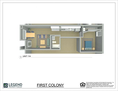 A floor plan for Unit 114 at Legend Property Group's First Colony.