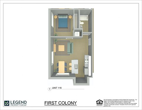A floor plan for Unit 116 at Legend Property Group's First Colony.