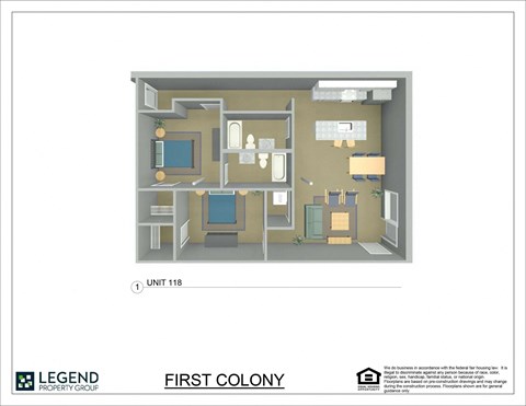 A floor plan for Unit 118 at Legend Property Group's First Colony.